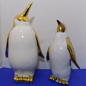 NEW Christmas Fancy Gold White Penguin Figurine Set of 2 Winter Holiday Noel